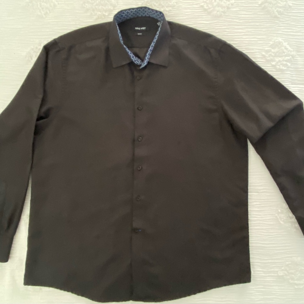 Nine West Black Shirt with Blue Patterned Collar XL Slim Fit